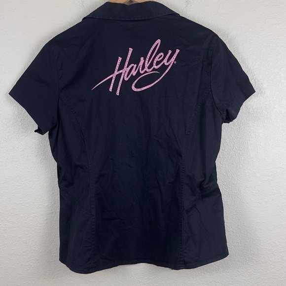 Harley Davidson Black Zip Front Short Sleeve Rhinestone Top Size XL Women - Picture 6 of 10